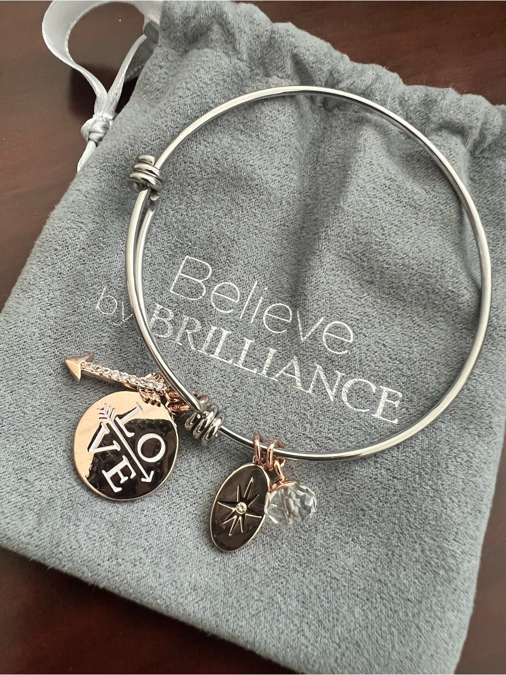 Believe by Brilliance Two-Tone LOVE Charm Bangle Bracelet - Silver & Rose Gold